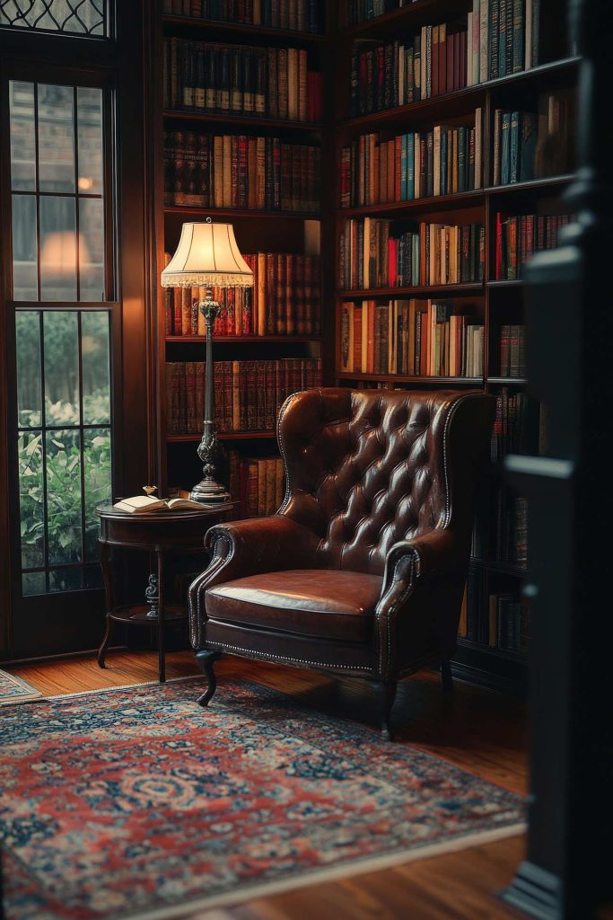 Antique leather chair inside a library with classic books wood floor lamp and side table