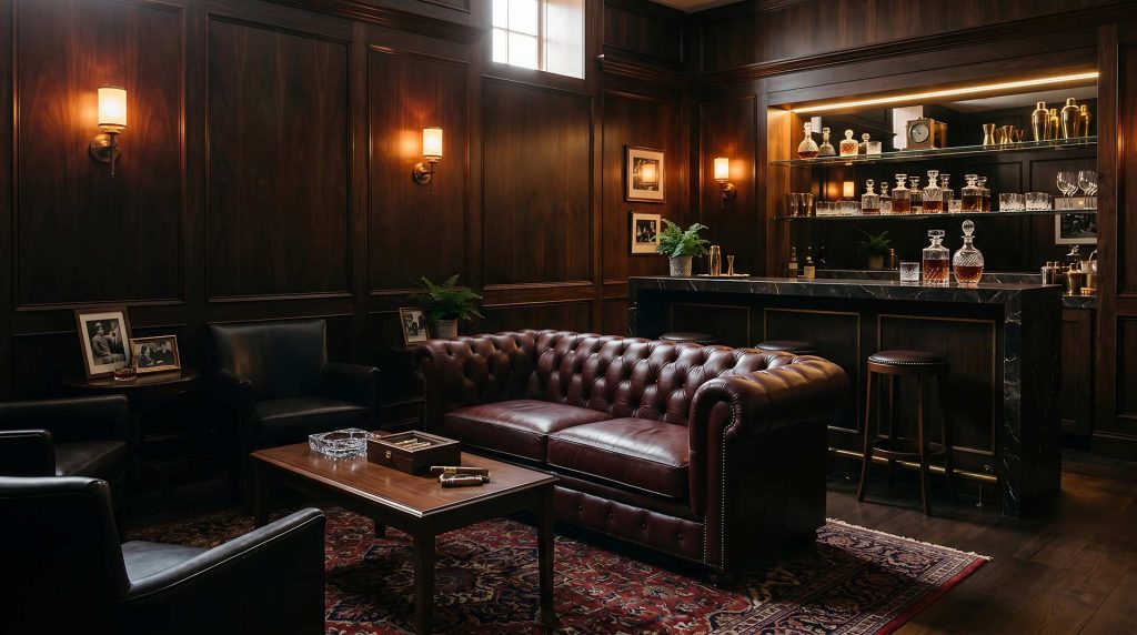 antique leather couch in den with cigar whisky bar and bourbon